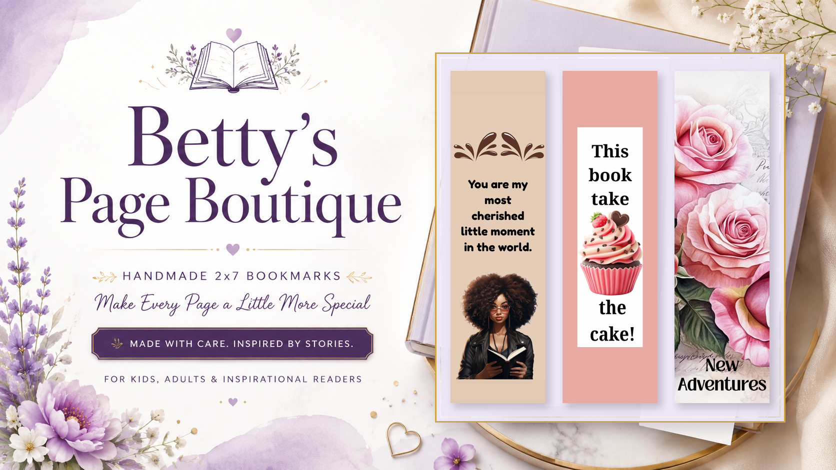 Betty's Page Boutique with three featured 2 by 7 bookmarks